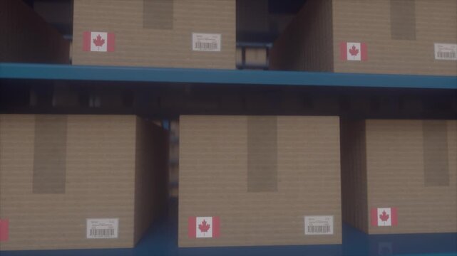 Canadian Flag Cardboard Boxes Stored On Industrial Warehouse Shelves