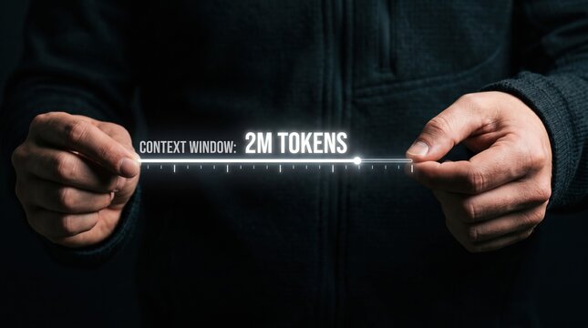 A person holding a measuring tape showing a capacity of 2M tokens, representing a large context window for AI models