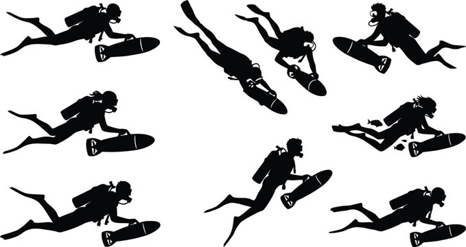 Scuba diver silhouettes surfing on waves
