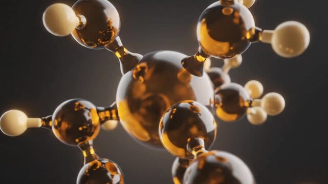 molecule network with glossy amber spheres and rhythmic glow movement, smooth biotech render for educational graphics