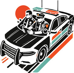 Two police officers in a patrol car with flashing lights © saiful