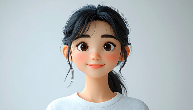 Friendly cartoon girl with dark hair in a ponytail, rosy cheeks and big expressive eyes, smiling warmly on a plain light background, digital character art