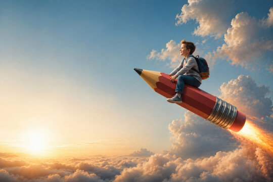 Boy rides a giant pencil through the sky. Space for text.