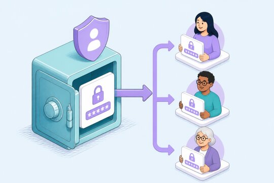 Cybersecurity access control concept with secure login protection and multiple users connected to a protected safe