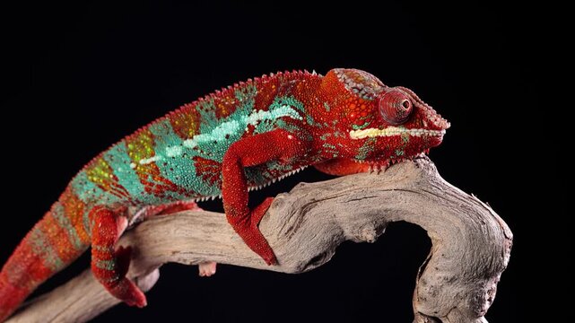 Close-up shot of a beautiful red and green chameleon in front of a black background.