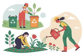 Fototapeta premium People gardening and recycling together outdoors
