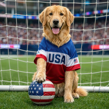 A golden retriever dressed as a soccer player for the USA team, with its paws on a flag-themed soccer ball and a net background in a sports arena