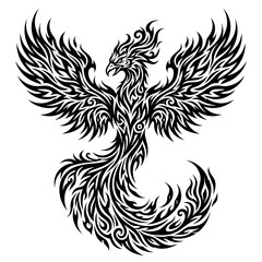 Fototapeta premium Tribal Phoenix Bird Silhouette with Intricate Line Art and Flaming Feathers in Monochrome Design