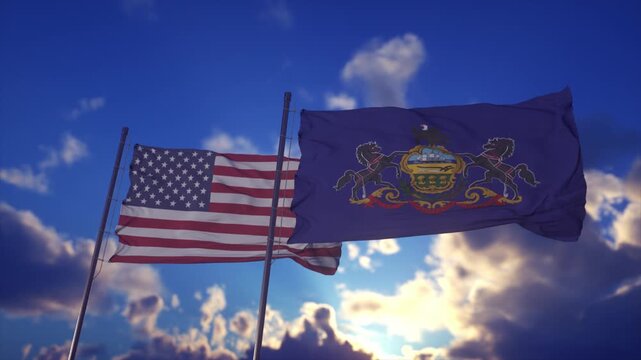 United States And Pennsylvania Flags Waving In Dramatic Sunset Sky