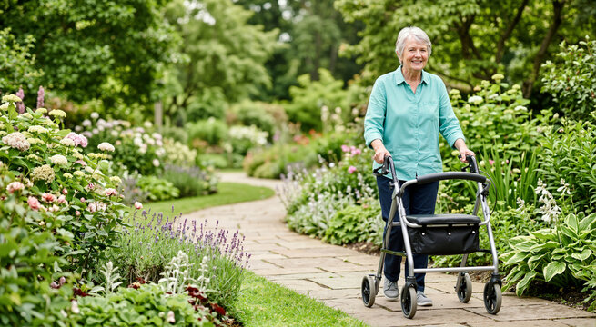 Senior woman walking with a rollator walker in a blooming garden. Smiling elderly female using mobility assistance outdoors
