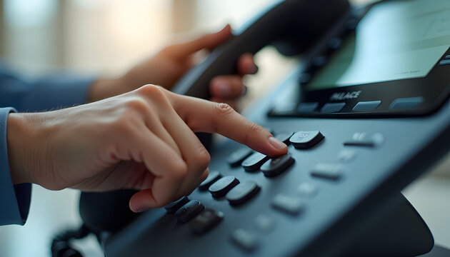 A person in a blue shirt is pressing a button on a black office phone with a digital display and making a call photorealistic raw image