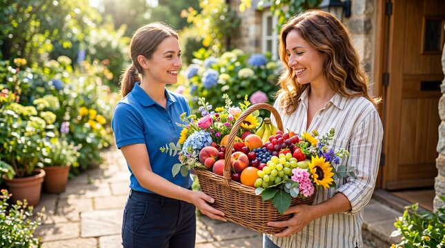 Woman in blue polo receiving basket of fresh fruits and flowers from neighbor at garden home entrance. Community kindness and hospitality concept in sunny outdoor setting