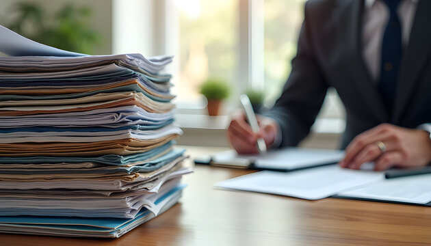 A businessman sitting at a desk with a large stack of paperwork in front of him photorealistic raw image