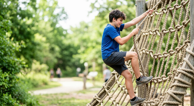Teenage boy climbing a rope net structure in an outdoor park. Active young male exercising on playground obstacle course. Healthy outdoor lifestyle and physical fitness