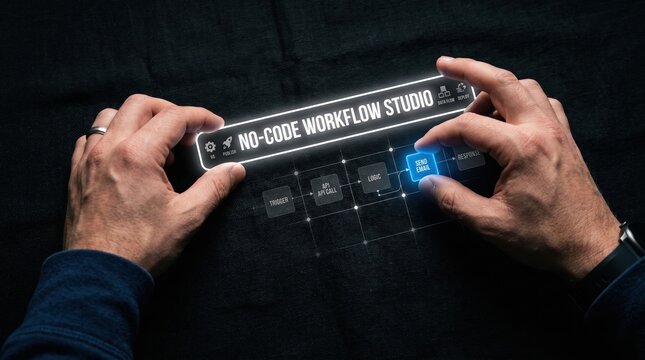 Hands touching a futuristic digital interface displaying 'NO-CODE WORKFLOW STUDIO' with abstract graphical elements representing software development and automation,