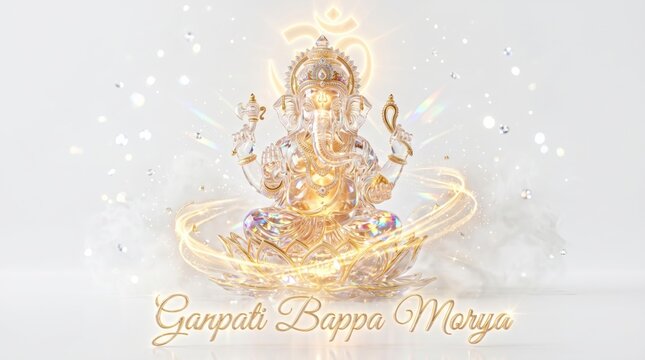 Crystal lord ganesha statue with golden om symbol and light effects