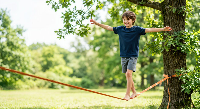 Happy young boy balancing barefoot on slackline in green park. Active child playing and exercising outdoors on sunny summer day