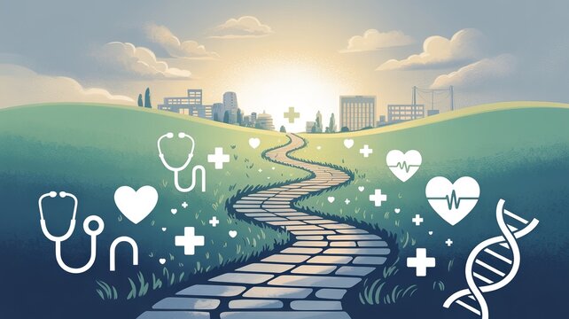 Stone pathway leading to glowing healthcare symbols &ndash; Suitable for patient care journeys, medical accessibility blogs, or clinics.