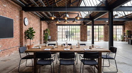 Fototapeta premium Converted Warehouse Meeting Space With Exposed Brick Walls Black Iron Beams And Modern Business Style