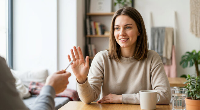 Young woman refusing a cigarette with a hand gesture. Smiling female rejecting smoking and making a healthy choice. Quitting addiction concept