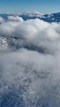 Aerial of clouds and fresh snow covering the San Bernardino Mountains near Los Angeles California. Vertical video.