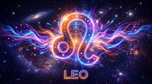 Glowing neon Leo zodiac symbol in space. Cosmic background with colorful nebulae and stars. Astrological sign of the lion