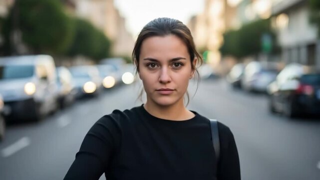 Determined woman pointing firmly on a city street
