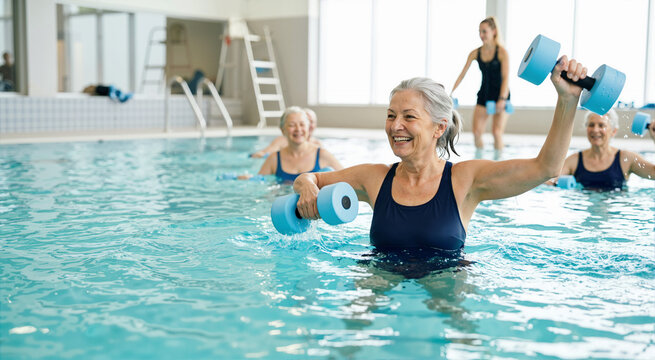 Smiling elderly woman doing water aerobics with foam dumbbells in an indoor pool. Senior lady participating in an aquatic fitness class. Active aging and healthy lifestyle concept