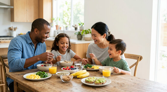 Happy multiracial family eating a healthy breakfast together. Parents and children enjoying a nutritious morning meal at the kitchen table