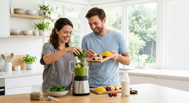 Happy couple preparing healthy green smoothie in modern kitchen. Man and woman adding fresh spinach and fruits to blender. Diet and nutrition concept