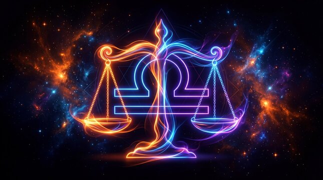 Glowing neon Libra zodiac sign and scales of justice symbol set against a vibrant cosmic space background with stars and nebulae