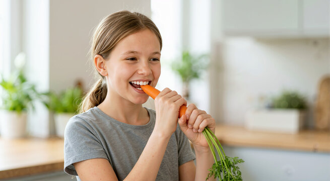 Happy young girl biting into a fresh raw carrot in the kitchen. Cheerful child eating healthy organic vegetables for a nutritious snack