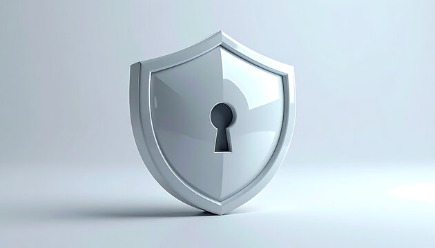 Glossy metallic shield with a keyhole in the center, representing security and protection, digital data safety, privacy concept