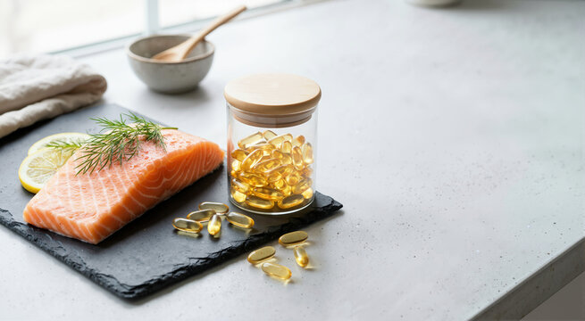 Fresh raw salmon and fish oil capsules in a glass jar on a kitchen counter. Healthy diet rich in omega 3 fatty acids and nutritional supplements concept. Copy space for text