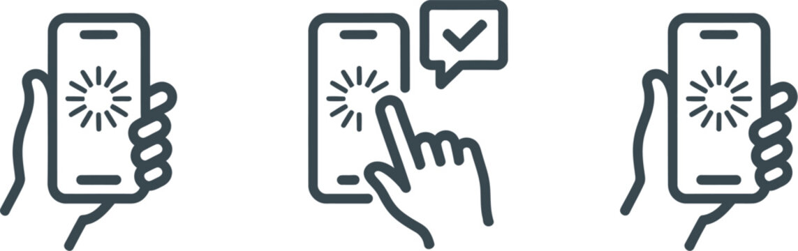 Hand holding, smartphone with mobile app interaction icons representing user interface control digital connectivity online communication and modern smartphone technology concept.