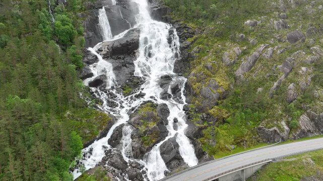 Aerial shot of Langfossen waterfall in Norway