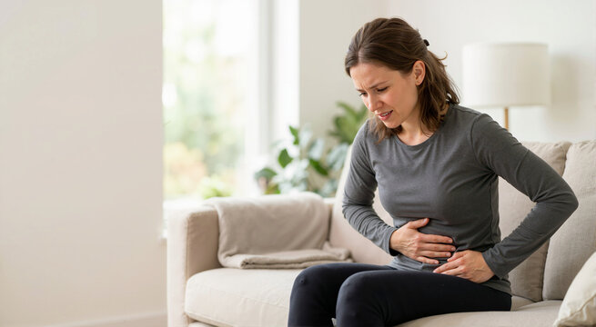 Woman sitting on sofa holding stomach in pain. Female suffering from abdominal discomfort or menstrual cramps at home. Healthcare and medical concept