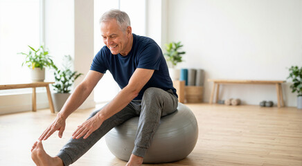 Fototapeta premium Elderly man stretching his leg while sitting on an exercise ball. Senior male doing flexibility workout at home. Active lifestyle and mobility concept