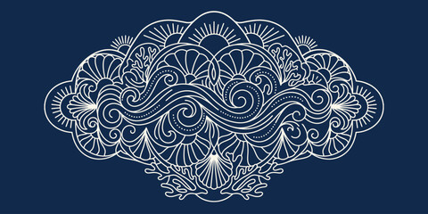 Decorative White Line Art Illustration of Ocean Waves Shells and Coral on Blue Background © Dumai777