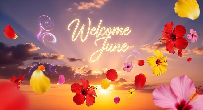 Colorful welcome june celebration background with fireworks.