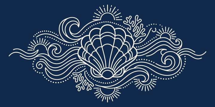 White line art seashell illustration with stylized ocean waves and coral on dark blue background
