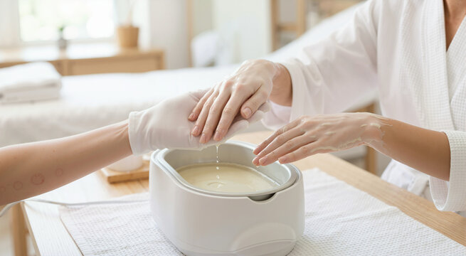 Client dipping hand into a hot paraffin wax warmer guided by a therapist. Professional skin care and hydrating spa treatment