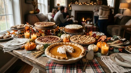 Fototapeta premium Dessert table laden with pies and cakes for thanksgiving celebration