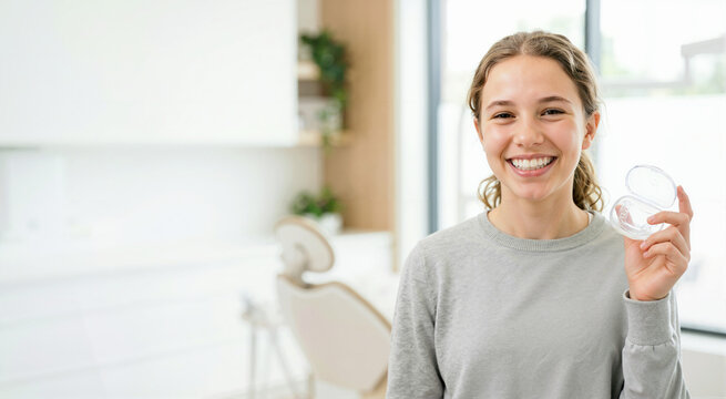 Smiling teenage girl holding a clear orthodontic aligner in a dental clinic. Young female showing invisible plastic braces for teeth correction. Modern dentistry and oral healthcare