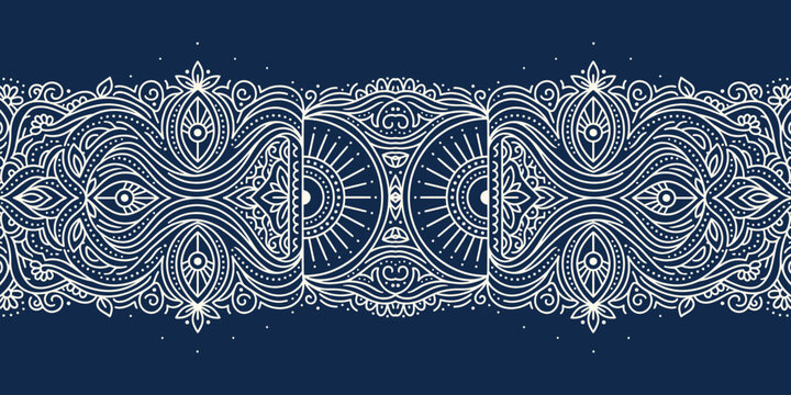 Ornate white henna style seamless horizontal border pattern on dark blue background with ethnic motifs