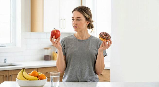 Woman comparing a fresh red apple and a chocolate donut in the kitchen. Making a choice between healthy diet and unhealthy junk food