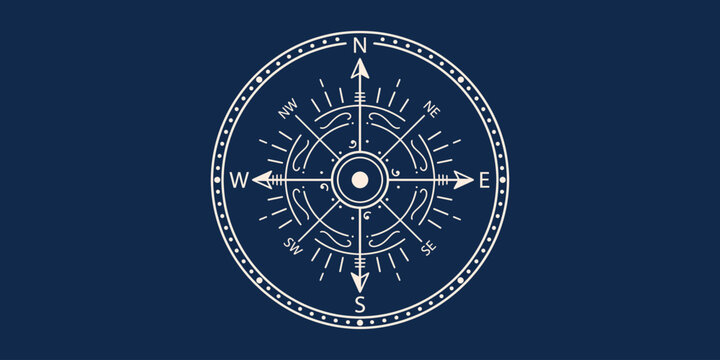 Minimalist white line art compass rose icon on dark blue background for navigation and travel