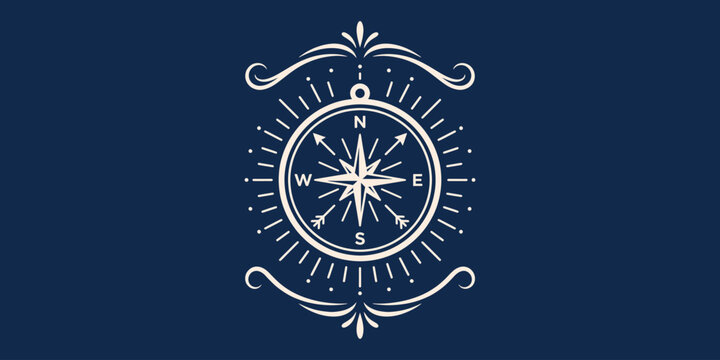 Vintage Nautical Compass Rose Icon with Cardinal Directions on Dark Blue Background