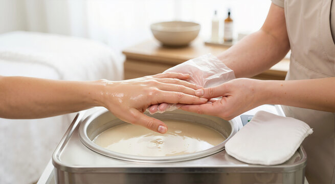 Therapist wrapping a paraffin wax coated hand in a plastic bag. Hot wax therapy treatment for skin care and joint pain relief
