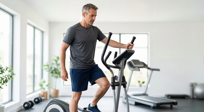 Man exercising on an elliptical machine in a bright home gym. Adult male doing a cardiovascular workout for health and fitness. Active lifestyle concept